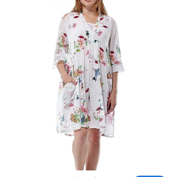 La Cera Floral Hummingbird Sundress Sz Xl Sheer Lightweight Resortwear Summer - Picture 1 of 9